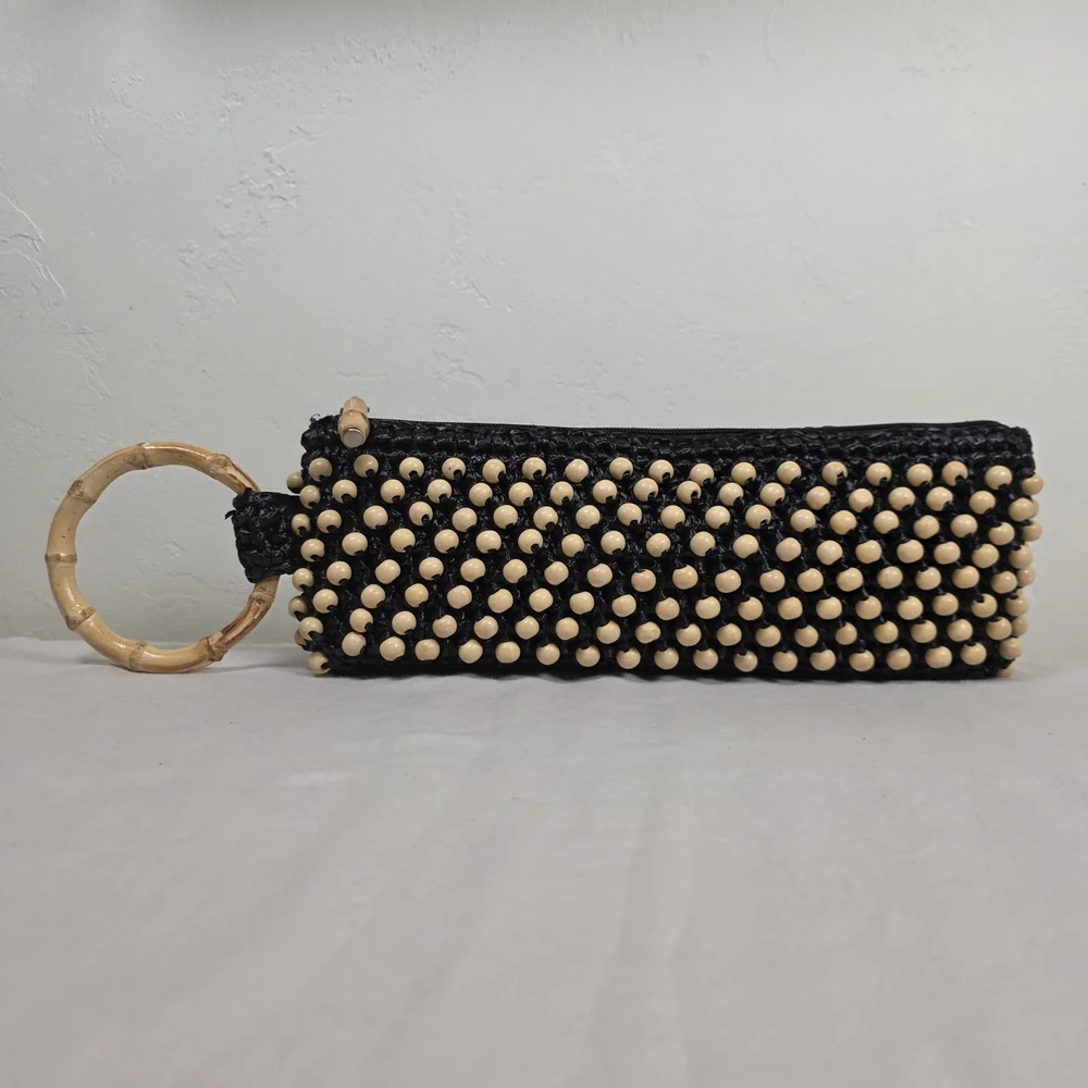 Coldwater Creek Black Clutch with Natural Wood Beads & Bamboo Wristlet